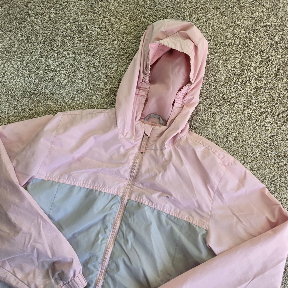 Eddie Bauer Windbreaker Kids L 14/16 Pink Grey Ripstop Hooded Jacket EB320W556